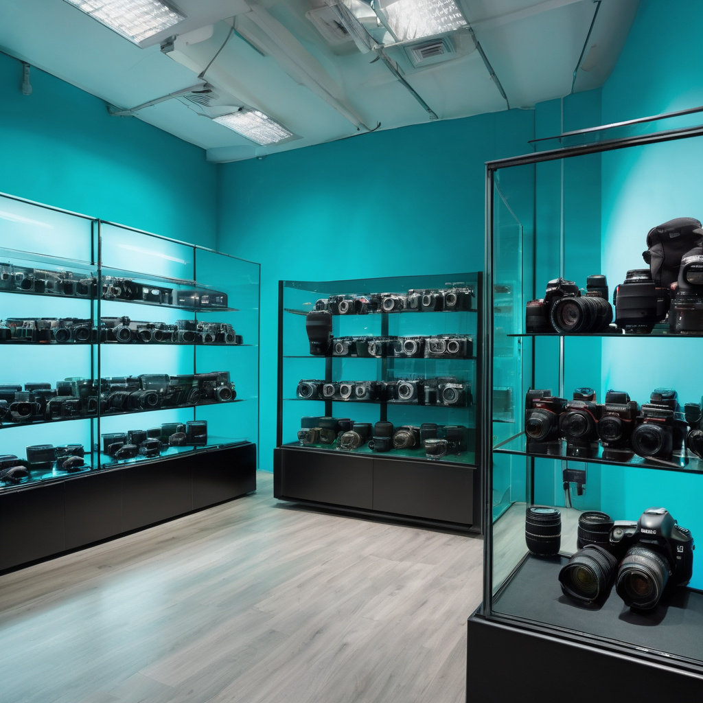 Professional camera rental showroom with glass display cases holding professional cameras and lenses in bright turquoise setting