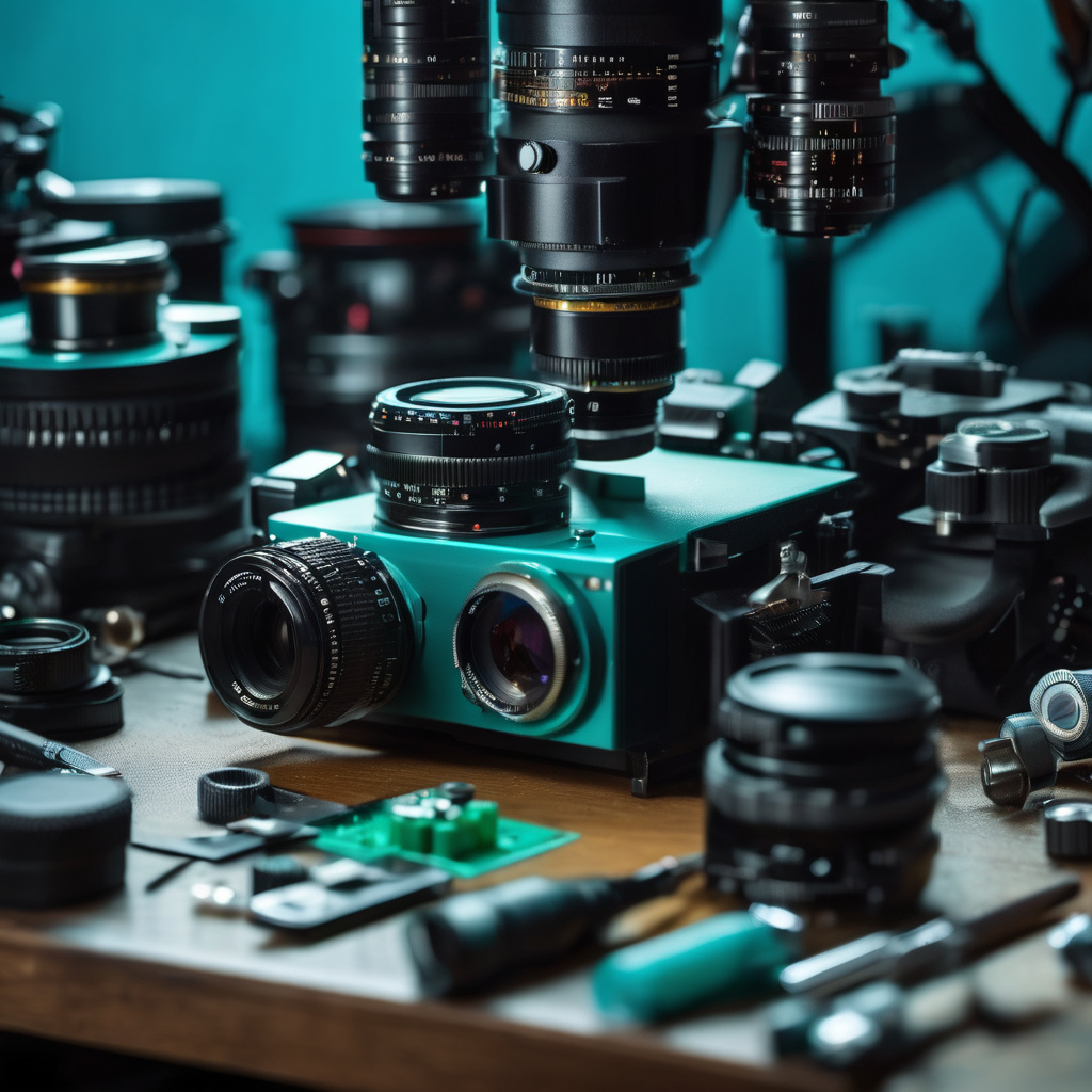 Professional camera repair workstation with precision tools and internal camera mechanisms showing expert-level technical setup