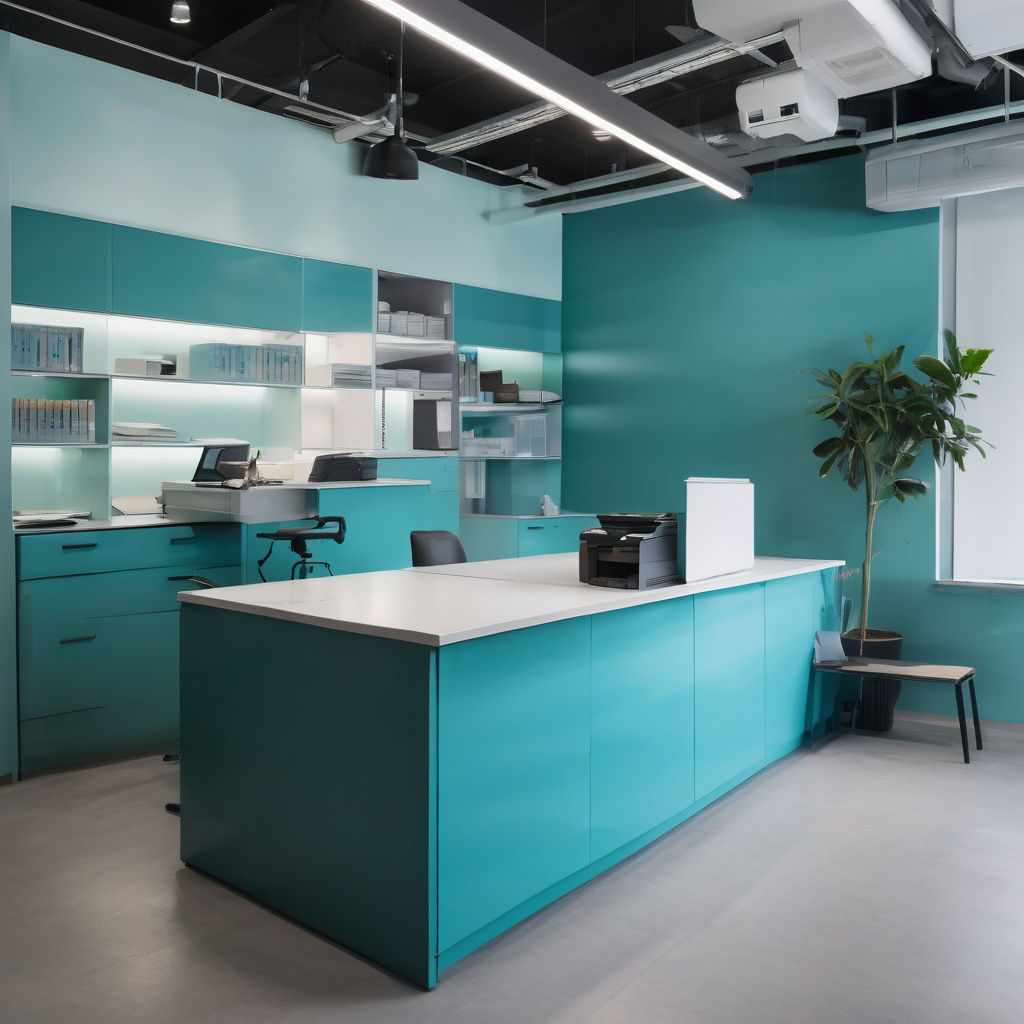 Professional copy shop counter with modern turquoise equipment and organized workspace