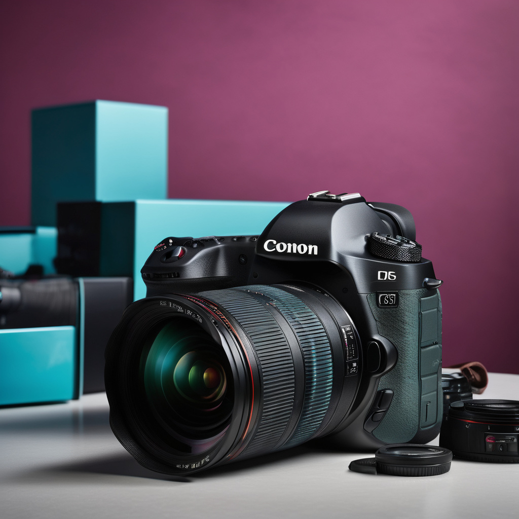 Professional DSLR and mirrorless cameras with premium lenses displayed on a turquoise workstation