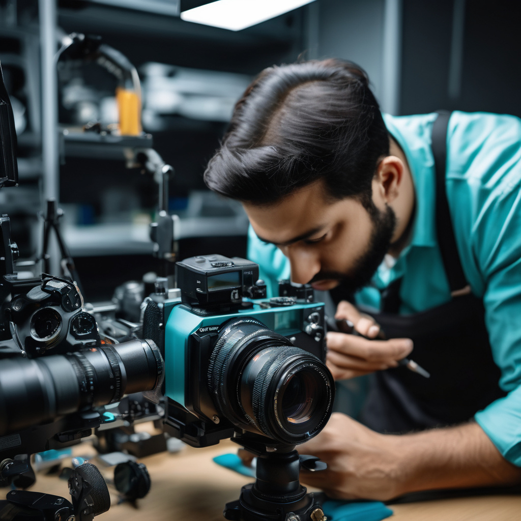 Camera repair technician examining professional camera equipment with precision tools
